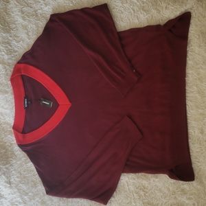 Express V Neck Pullover  Sweater L Burgandy with Red Collar
